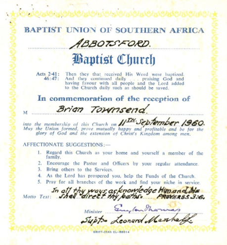 Church Membership Certificate from 1960